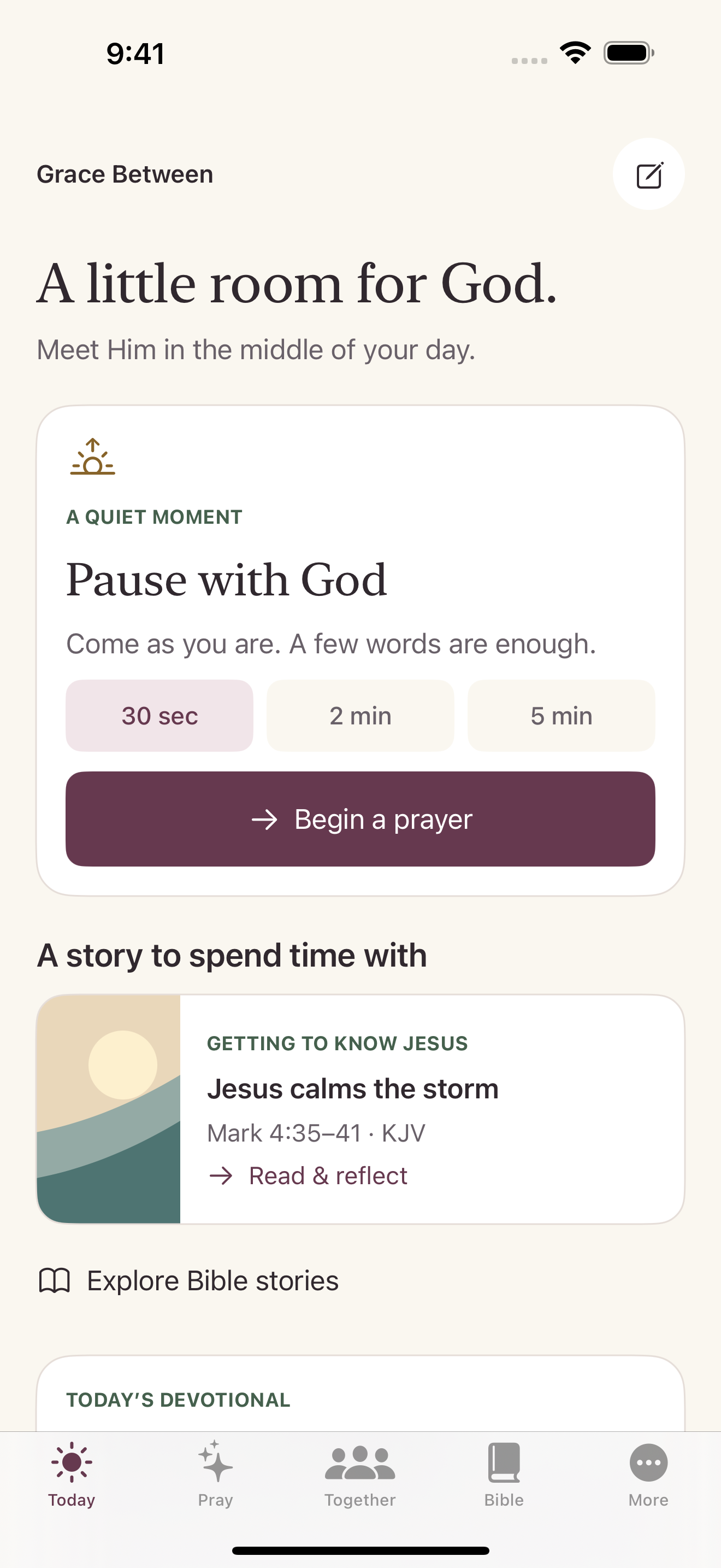 Grace Between’s Today screen, with a guided prayer pause, a Bible story, and a daily devotional.